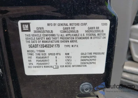 2006 Buick Rainier Cxl z USA, uszkodzony, nr VIN 5GADT13S462241179